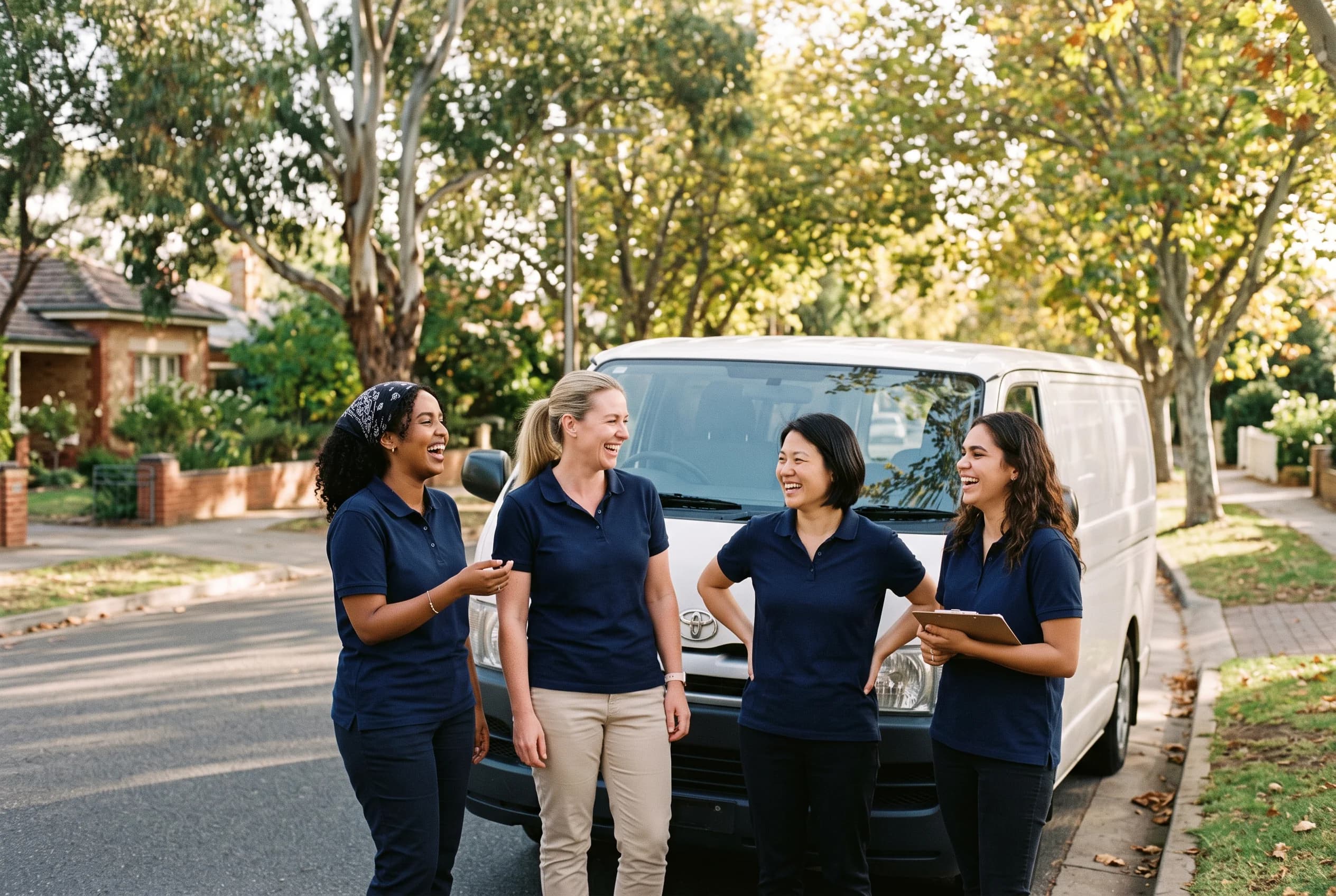 A small, diverse team of support workers in navy polos sharing a laugh beside a white van in a suburban Adelaide street.