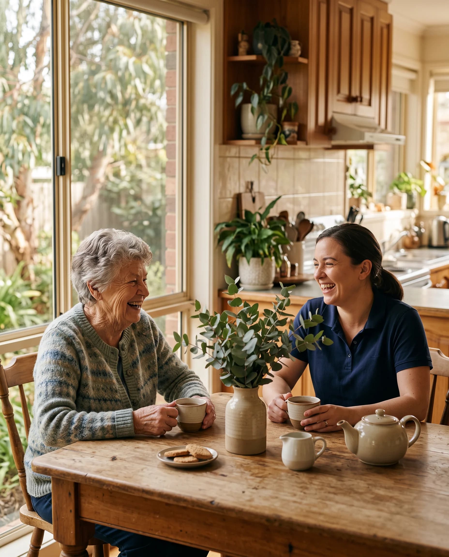 A woman in her seventies and a female support worker in a plain navy polo laughing together over a cup of tea at a sunlit kitchen table, a eucalyptus branch in a vase between them.