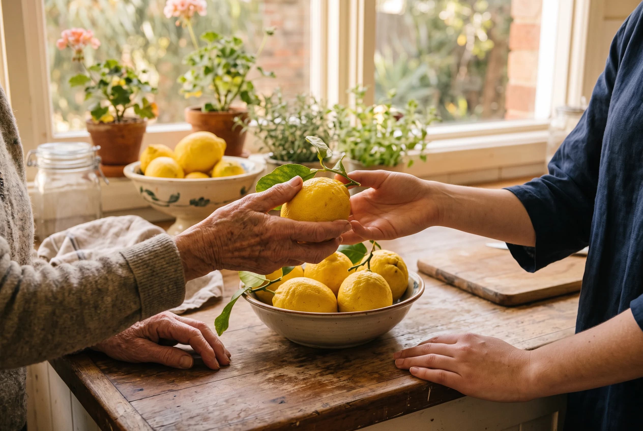 A warm close-up of two pairs of hands, one elderly and one younger, sharing freshly picked lemons at a kitchen bench.