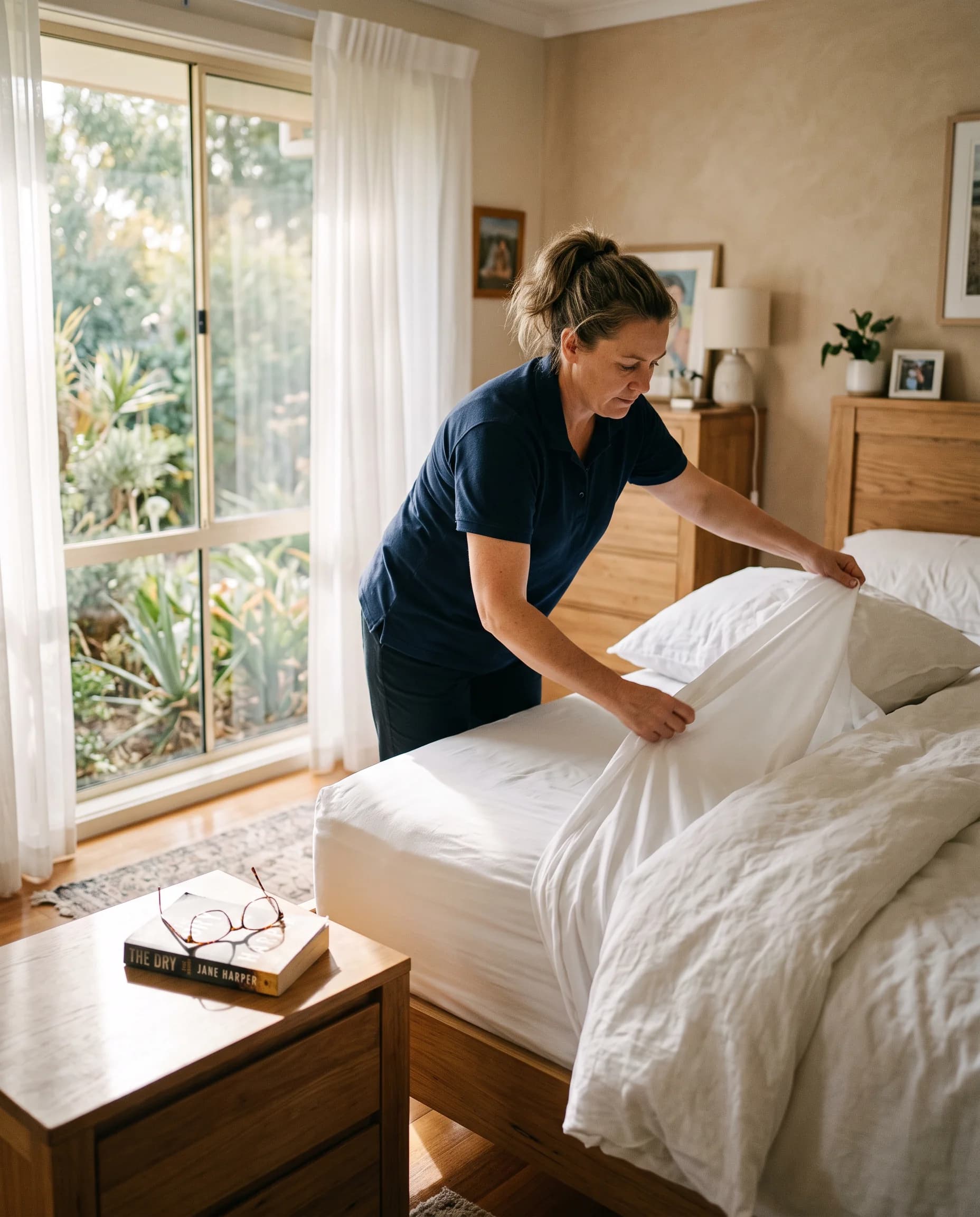 A cleaner in a navy polo making up a bed with fresh white linen in a sunlit bedroom, reading glasses and a book on the nightstand.