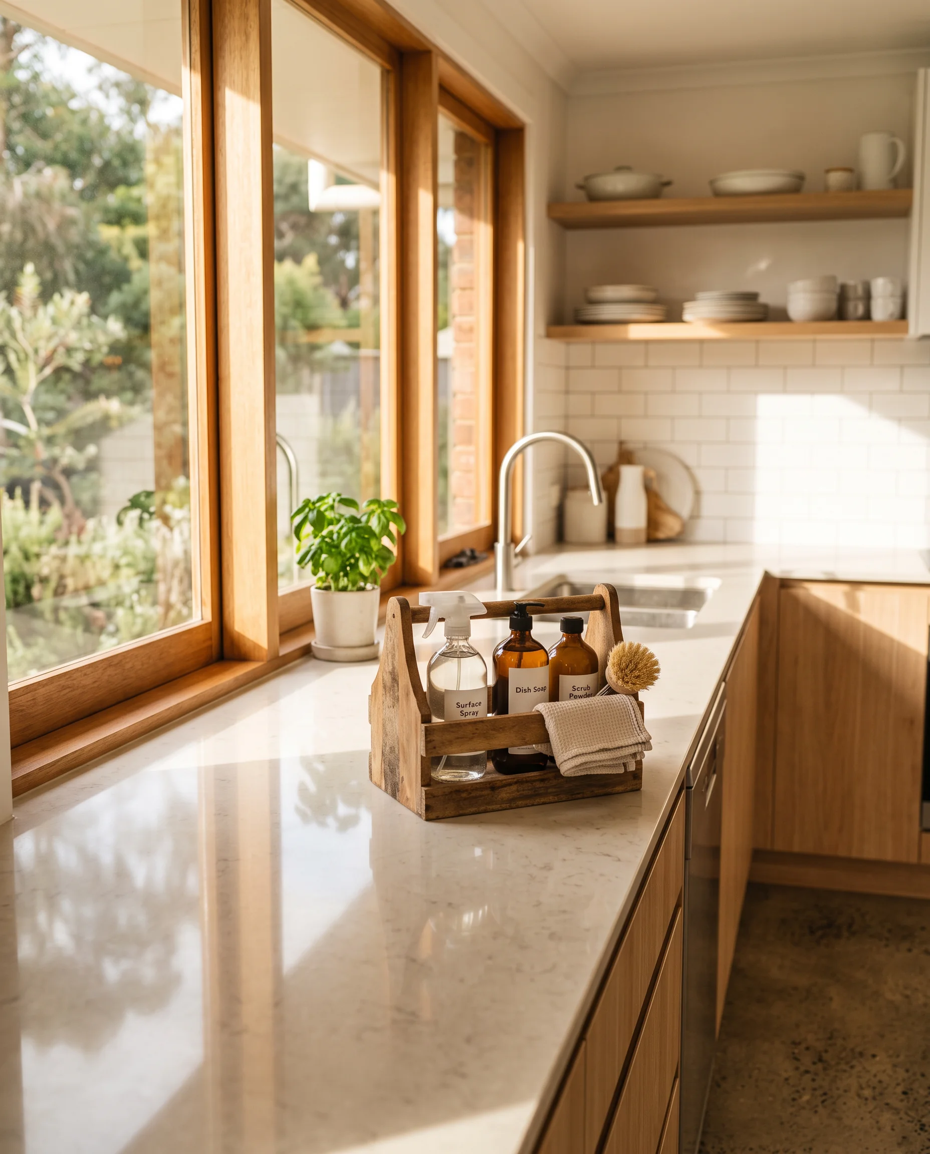 A bright, sparkling clean Australian kitchen after a deep clean, sunlight falling across the bench and a caddy of eco cleaning products in frame.